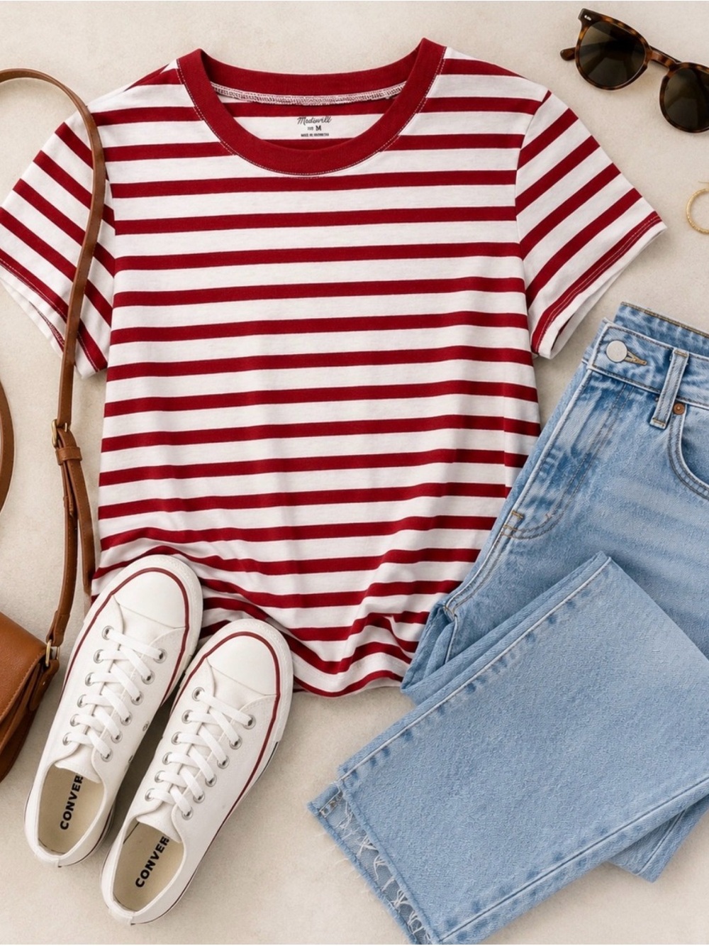 Madewell Red & White Striped Crewneck Tee 100% Cotton